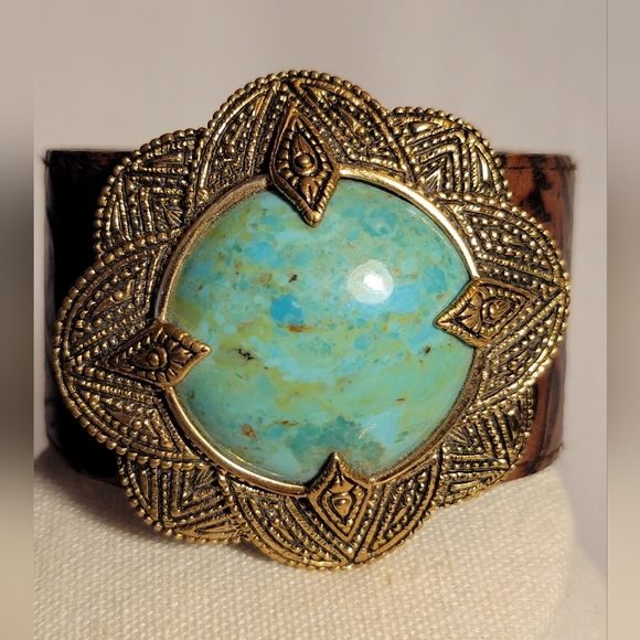 Studio Barse Leather Cuff Bracelet Tooled Brass and Turquoise - Picture 2 of 13